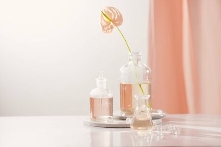 Natural organic extraction, Flower aroma essence solution in laboratoryの写真素材