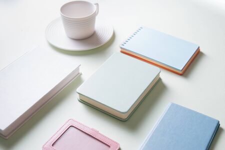 Office supplies composition on white background. Flat lay, top view.の写真素材