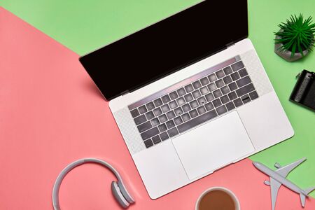 Top view, flat lay object accessories of travel or summer vacation concept with blank space on blue backgroundの写真素材