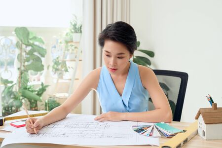 Architecture Woman Working Blue Print Workspace Concept
