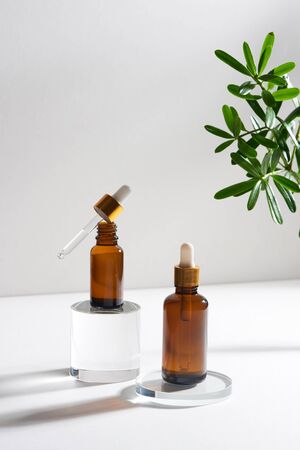 natural cosmetic skincare or essential oil bottles container and green leaf on white background. Home made remedy and beauty product concept.の写真素材