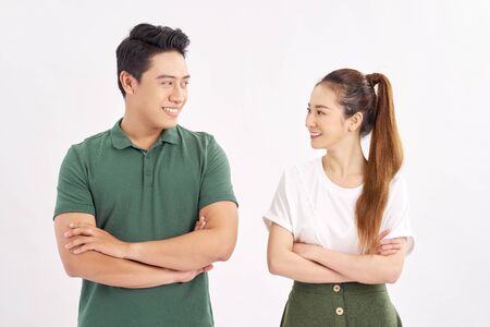Happy smiling couple in love. Over white backgroundの写真素材