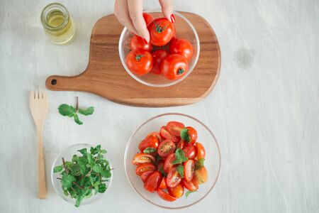 Fresh delicious salad with tomatoes. fresh green saladの写真素材