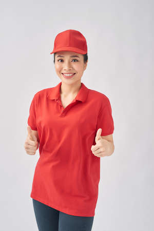 shipping worker show thumbs up sign for good work job doneの写真素材