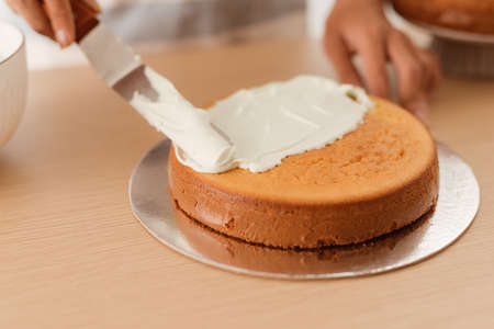Spread the sponge cake with ice cream on wood tableの写真素材