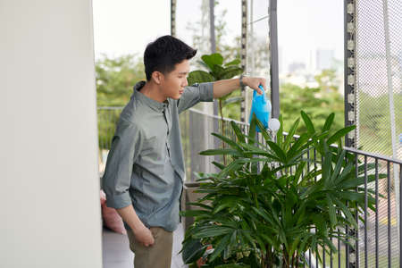 Attractive Young Man on Apartment Balcony Watering Plants in Box from Blue Watering Can on Sunny Dayの写真素材
