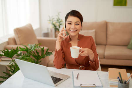 The young woman working with laptop and smartphone, working at home conceptの写真素材