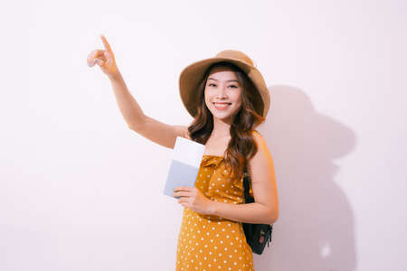 Woman traveler holding passport with ticket.の写真素材