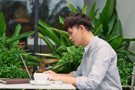 Using advantages of free Wi-Fi. Handsome young man working on laptop and smiling while sitting in sidewalk cafeの写真素材