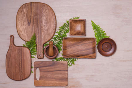 wood tableware on wooden backgroundの写真素材