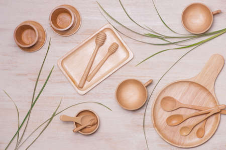 wood tableware on wooden backgroundの写真素材