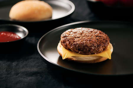 Fresh Tasty burger on dish with with french fries, ketchupの写真素材