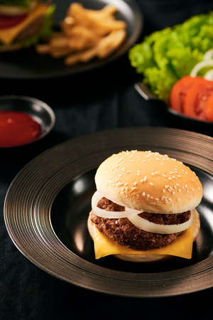 Fresh Tasty burger on dish with with french fries, ketchupの写真素材