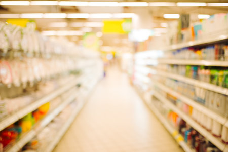 Abstract blurred supermarket with colorful shelves. this image for backgroundの写真素材