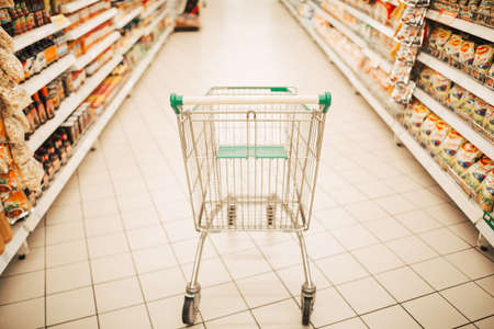 Empty shopping cart with abstract blur supermarket discount store aisle and product shelves interior defocused backgroundの写真素材