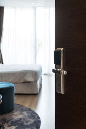 Electronic door black metal handle for smart lifestyleの写真素材