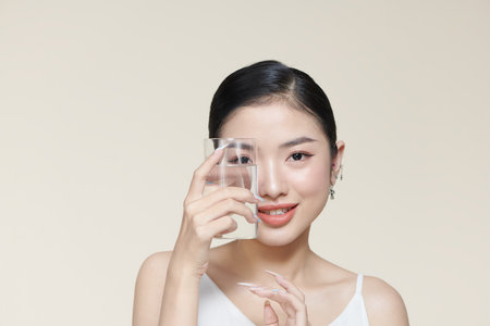 Young smiling woman holding water glass.の写真素材