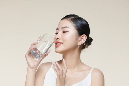 Asian woman drinking water on beige backgroundの写真素材