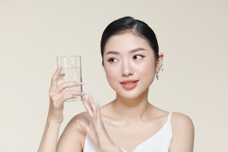 pretty young woman drinking water from glassの写真素材