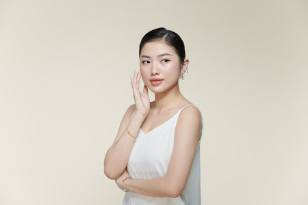 Asian woman with a beautiful face and fresh, smooth skin.の写真素材