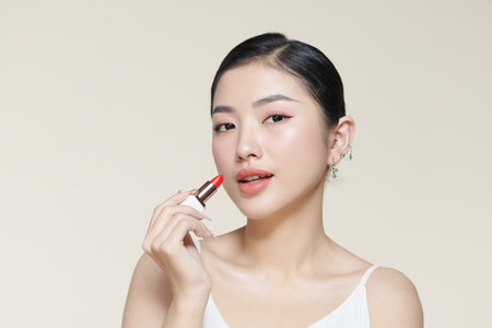 beauty makeup woman smile to you with lipstickの写真素材