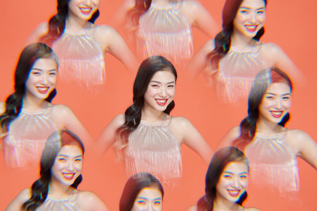 fashion, beautiful young woman in a shiny dressの写真素材