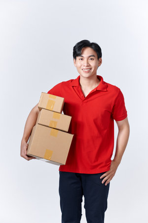 Happy man holds a lot of received packages.の写真素材