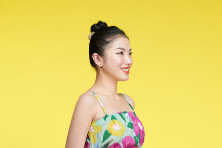 Portrait of young stunning model with bright impressive red lipsの写真素材
