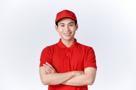 Smiling friendly-looking asian delivery guy in blue uniform cross armsの写真素材