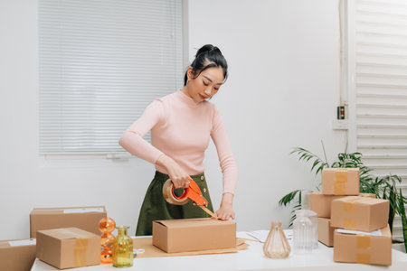 Young businesswoman works online e-commerce shopping at her storeの写真素材