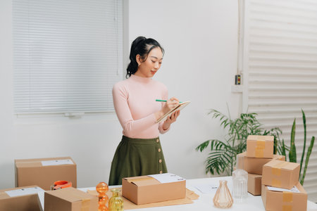 Women working freelance and packing box delivery products to customers, Ordered online.の写真素材