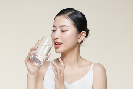 Young smiling woman holding water glass.の写真素材