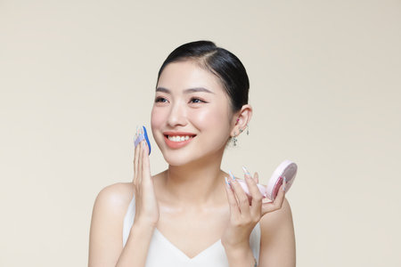 Portrait of beautiful young woman looking at the mirror putting on makeup holding a makeup brushの写真素材