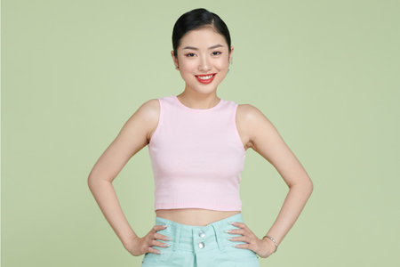 Happy asia female posing with arms on hips and looking at cameraの写真素材
