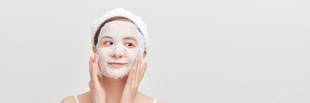 Girl taking care of skin complexion with sheet mask on her face.の写真素材