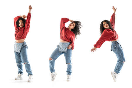 Multiple photo of latin brunette woman dancing in studio with white background
