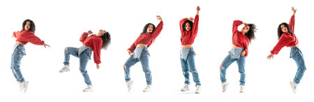 Multiple photo of latin brunette woman dancing in studio with white backgroundの写真素材