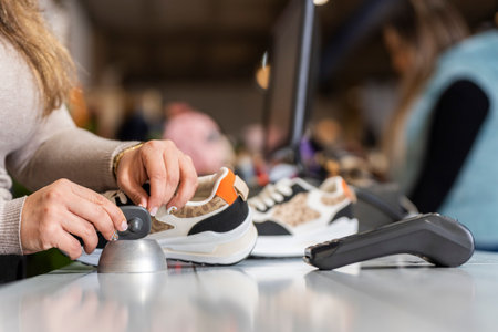 Clothing store clerk removing the alarm from a piece of clothingの写真素材