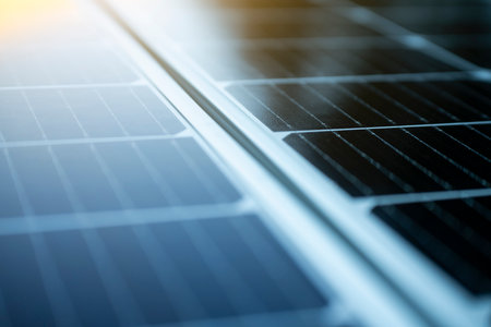 Closeup of solar panels with some reflectionsの写真素材
