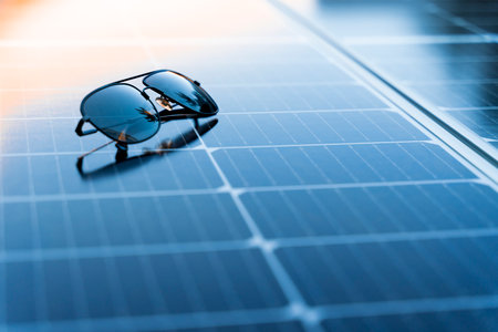 Sunglasses on a solar panel with copy spaceの写真素材