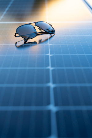 Sunglasses on a solar panel with copy spaceの写真素材