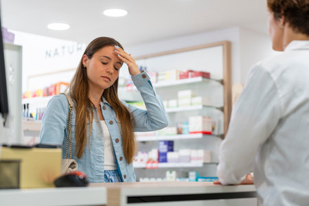 Young woman with a headache in a pharmacyの写真素材