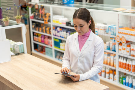 Female pharmacist looking at the screen of a digital tablet in the pharmacyの写真素材