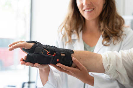 Senior man with trying on an orthopedic wrist brace