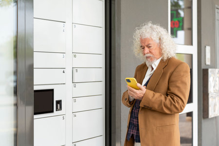 Older man with a package at a locker, looking his smart phone