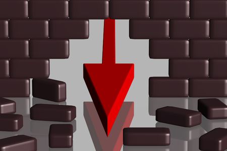 red arrow breaking through a brick wallの写真素材