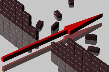 red arrow breaking through a brick wallの写真素材