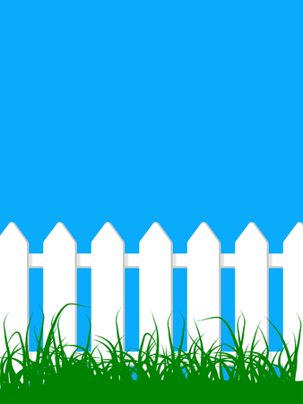 vector illustration white wood fence on a grass field under clear blue skyのイラスト素材