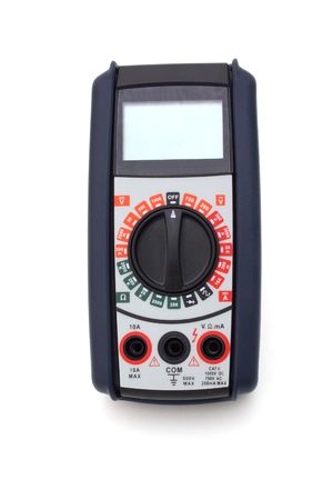 black digital multimeter over a white surface