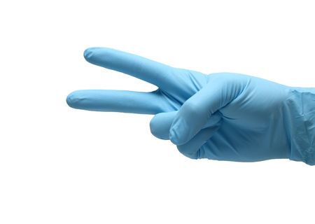 hand in blue counting two, isolated on white